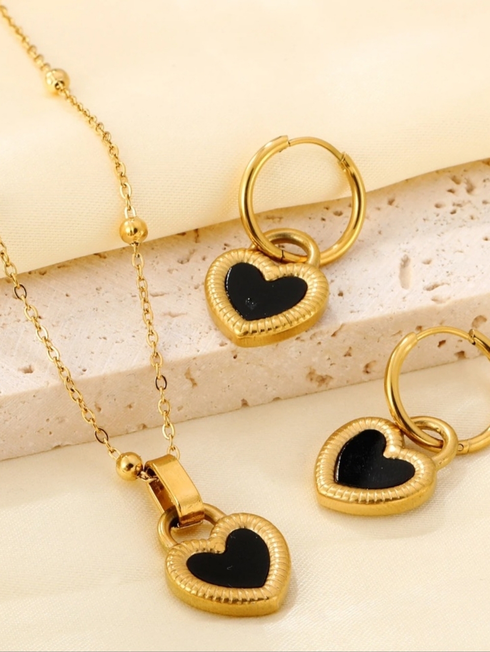 Gold and Black Heart Pendant Necklace and Earring Set - Women Jewelry